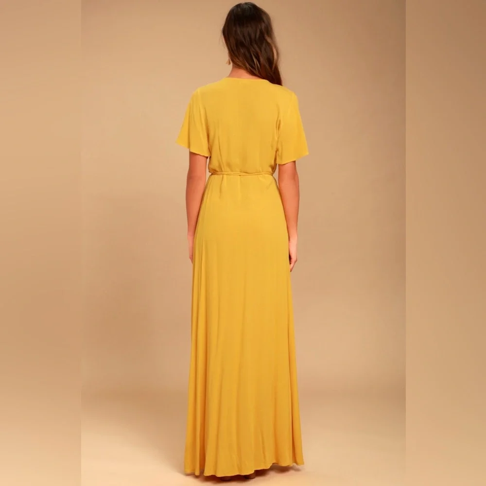 ♥️ Lulus Much Obliged Golden Yellow Wrap Maxi Dress - Picture 5 of 6